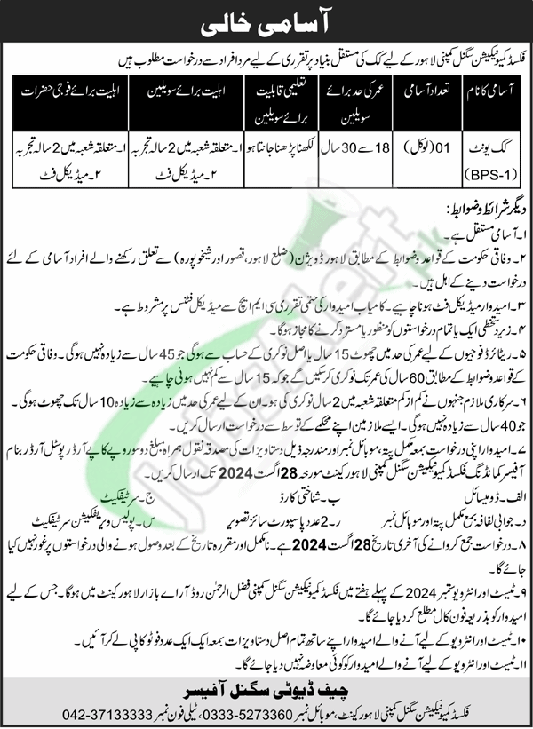 Fixed Communication Signal Company Lahore Jobs