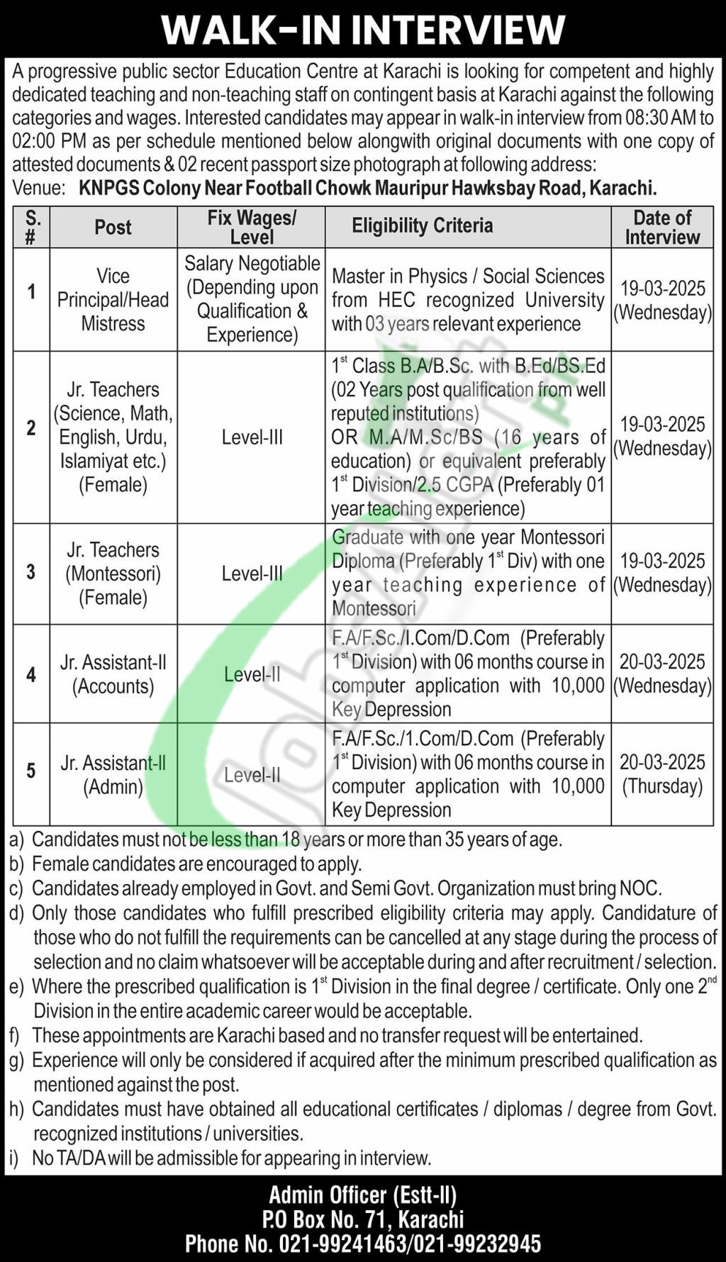 PO Box 71 Karachi Jobs