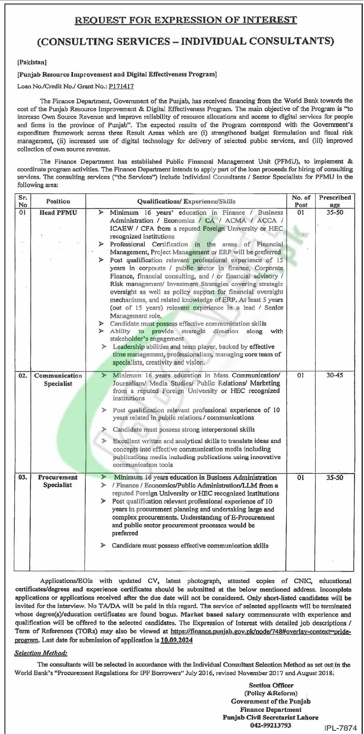 Finance Department Punjab Jobs