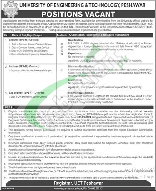 UET Peshawar Jobs