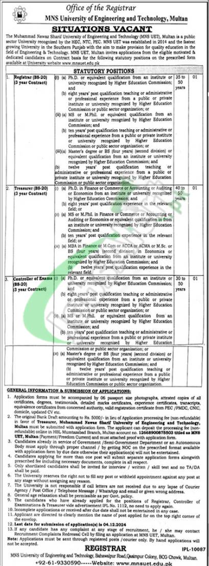 MNS UET Multan Jobs