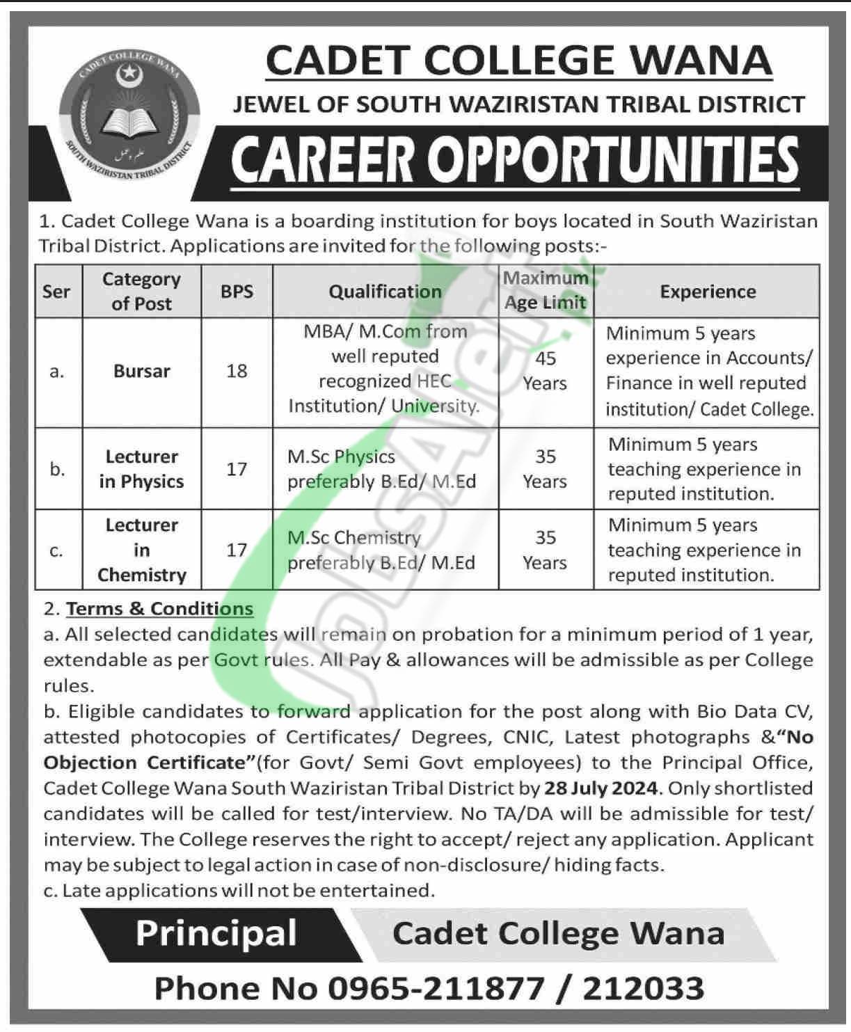 Cadet College Wana Jobs