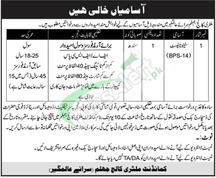 Cadet College Jhelum Jobs