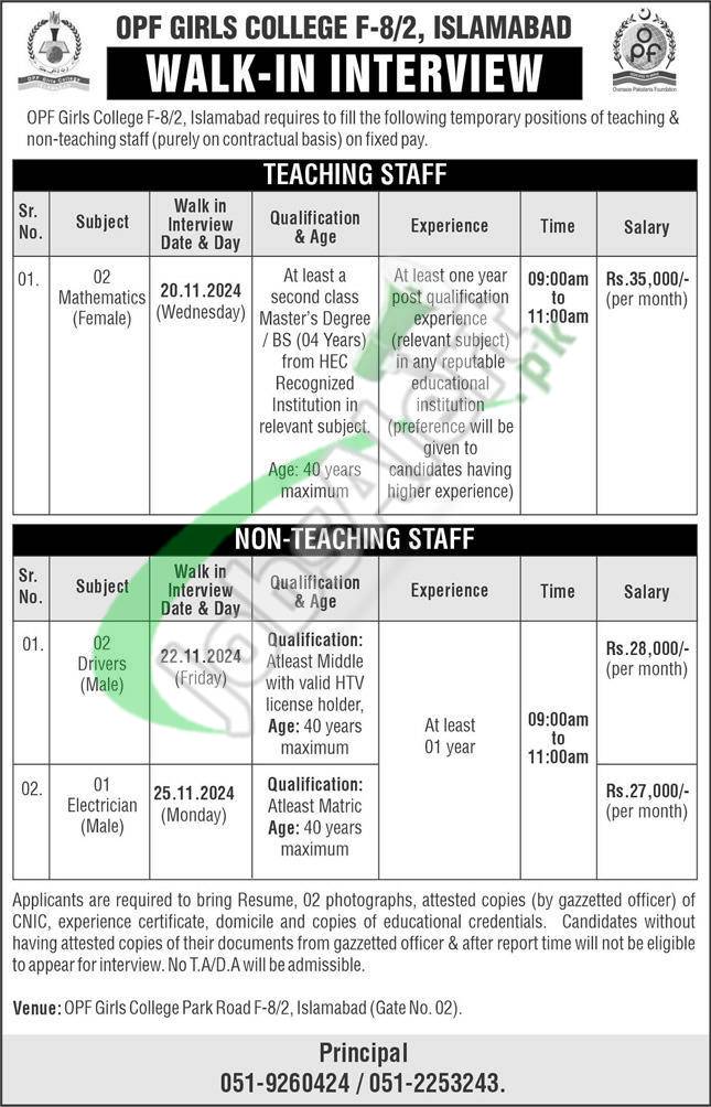 OPF Girls College Islamabad Jobs