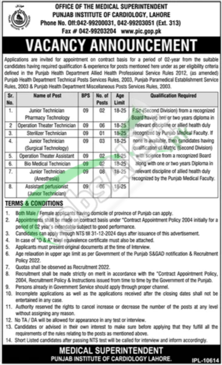 Punjab Institute of Cardiology Jobs