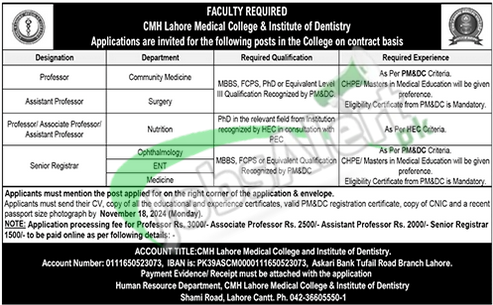 CMH Lahore Medical College & Institute of Dentistry Jobs