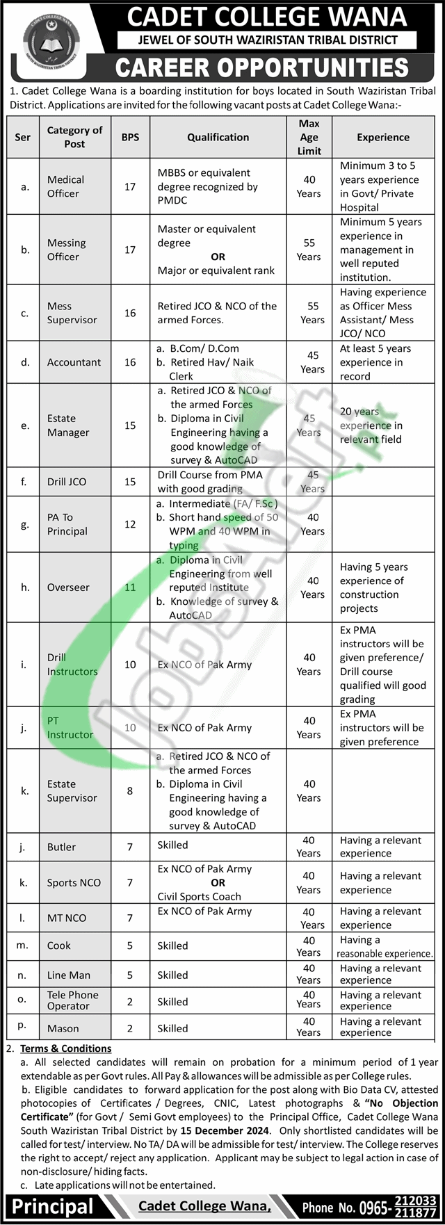 Cadet College Wana Jobs