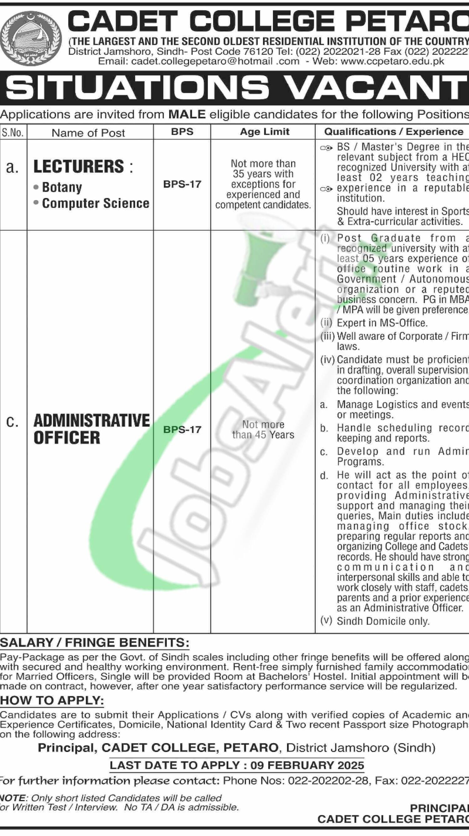 Cadet College Petaro Jobs