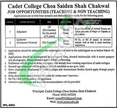 Cadet College Choa Saiden Shah Jobs