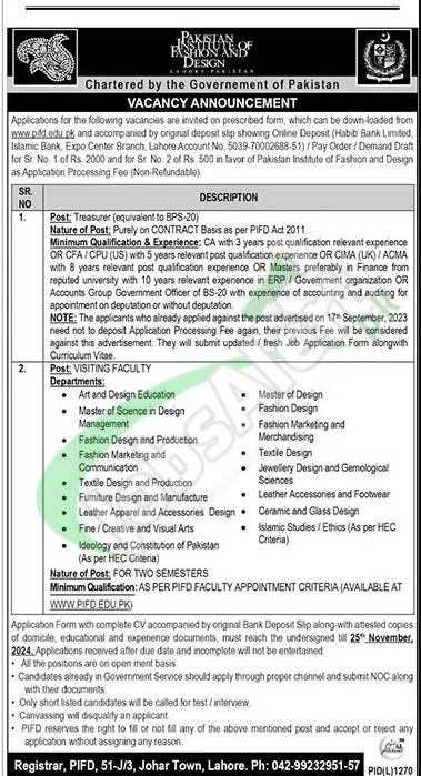 PIFD Lahore Jobs