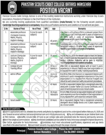 Pakistan Scouts Cadet College Batrasi Jobs