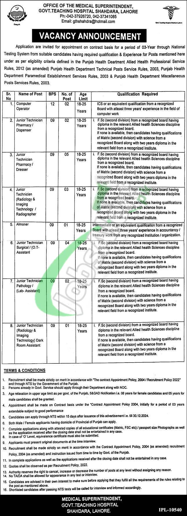 Govt Teaching Hospital Shahdara Lahore Jobs