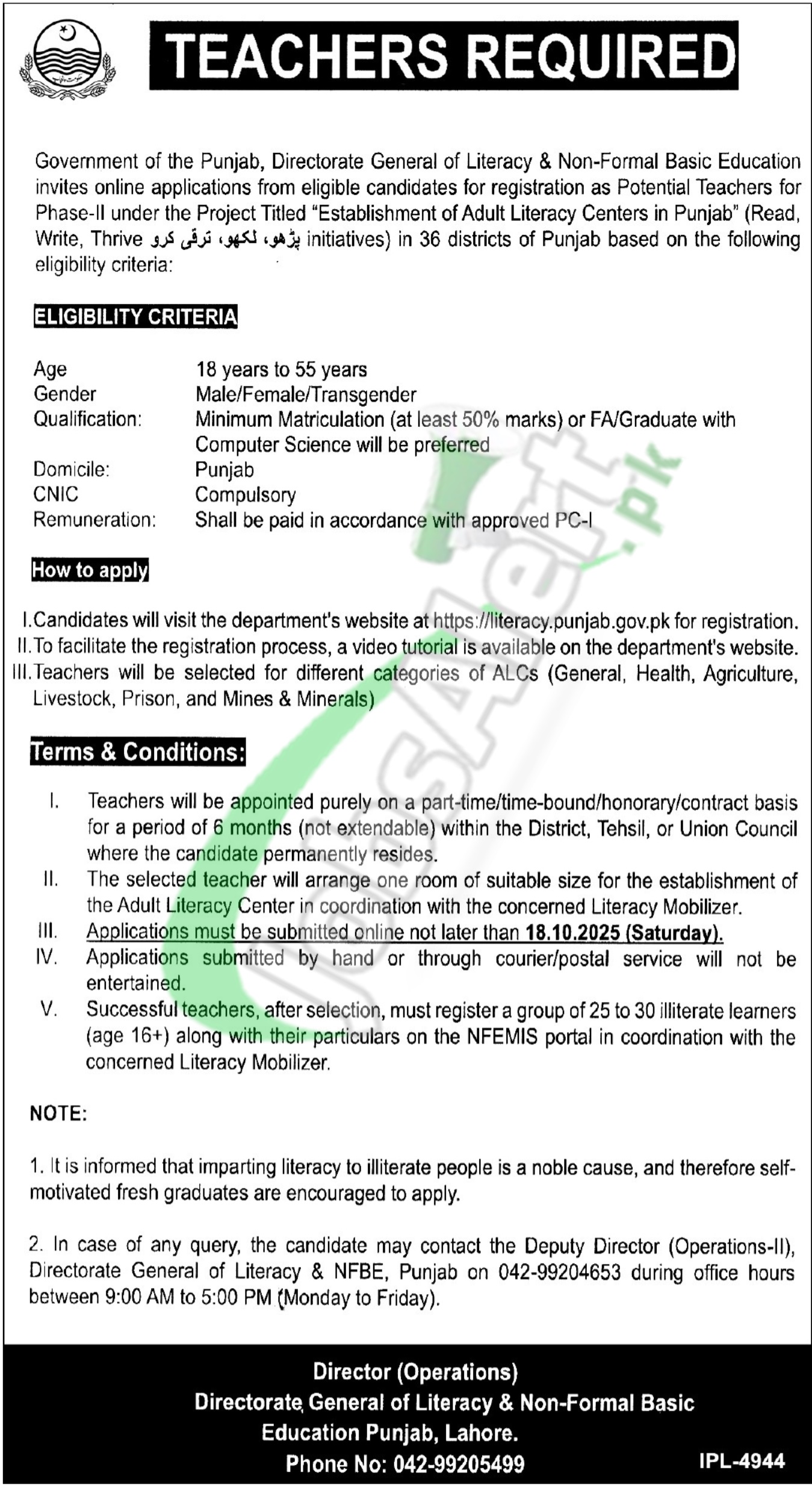 Literacy & Non-Formal Basic Education Punjab Jobs