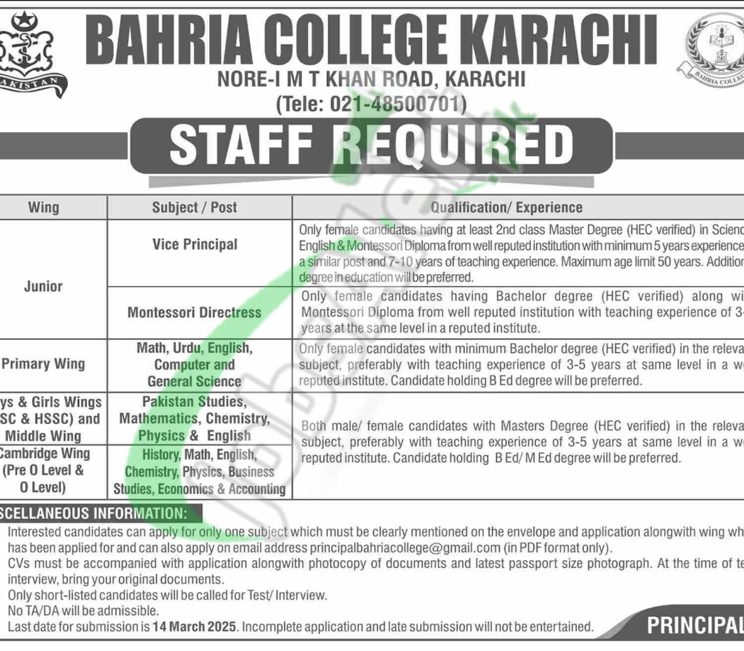 Bahria College Karsaz Jobs