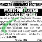Pakistan Ordnance Factory POF Artisan Training Scheme 2026 POF Artisan Jobs