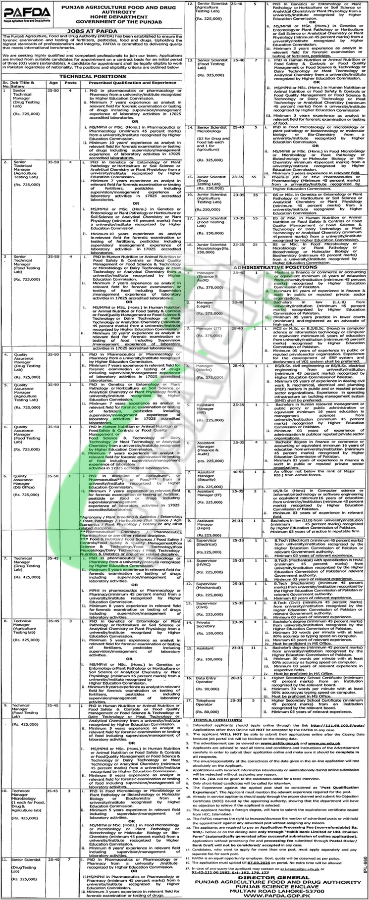 Punjab Agriculture Food Drug Authority Jobs