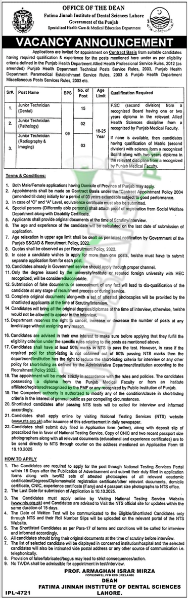 Fatima Jinnah Institute of Dental Sciences Lahore Jobs