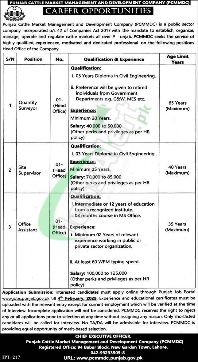 Punjab Cattle Market Management & Development Company Jobs