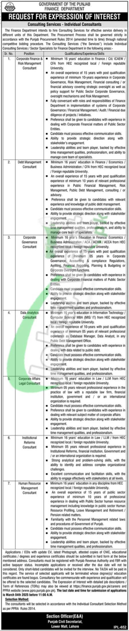 Finance Department Punjab Jobs