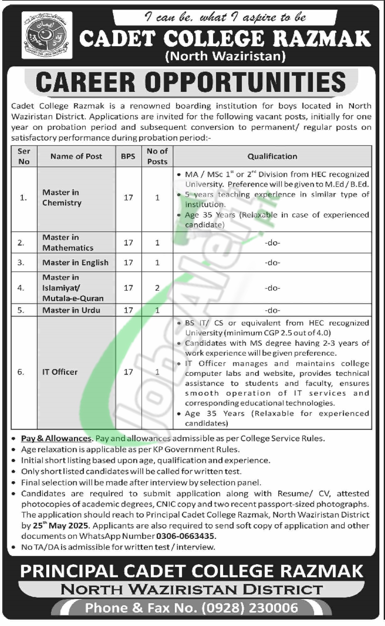 Cadet College Razmak North Waziristan Jobs