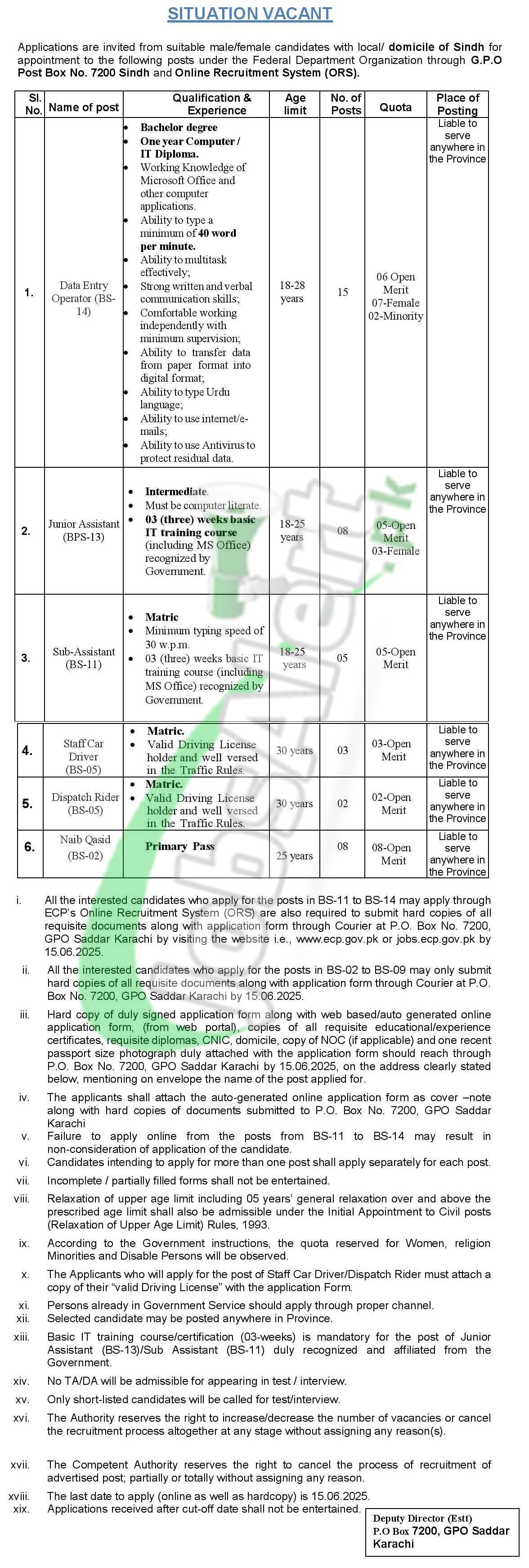 po box 7200 gpo saddar karachi jobs