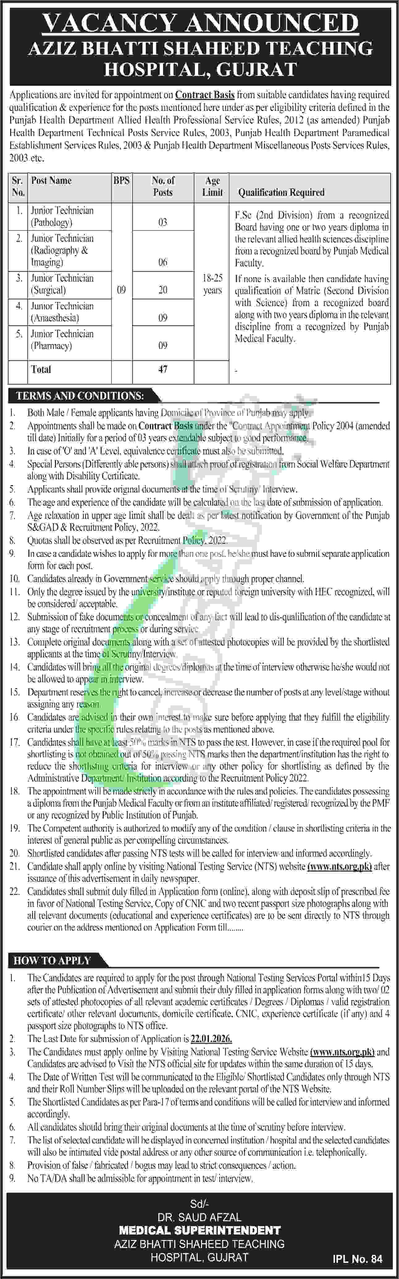 Aziz Bhatti Hospital Gujrat Jobs 2026 NTS Application Form Download Aziz Bhatti Hospital Gujrat Jobs