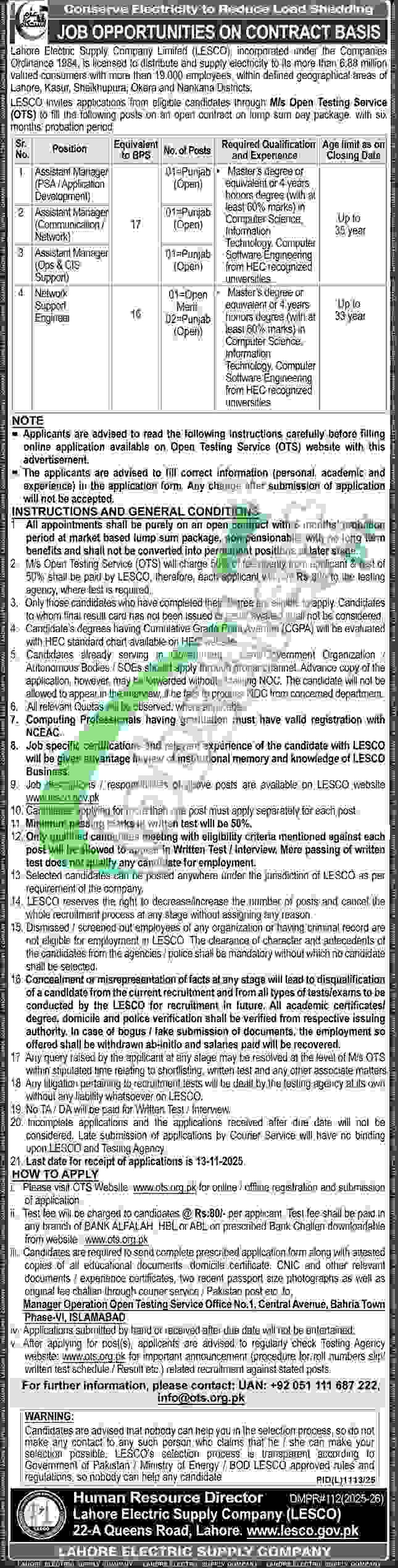 WAPDA LESCO Assistant Manager Jobs Application Form | www.ots.org.pk lesco assistant manager jobs