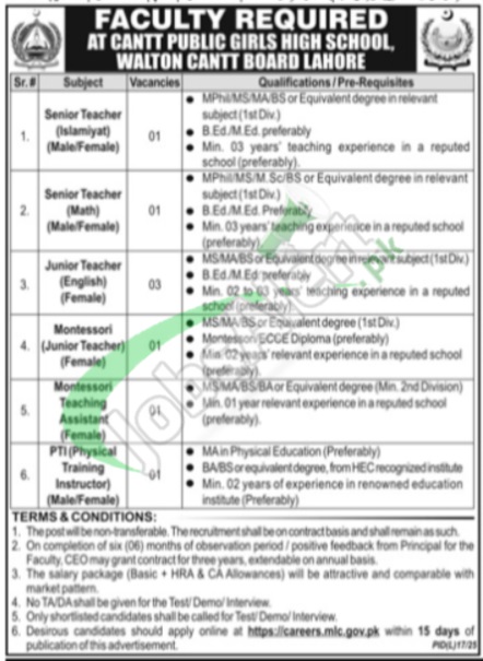 Walton Cantonment Board Lahore Jobs
