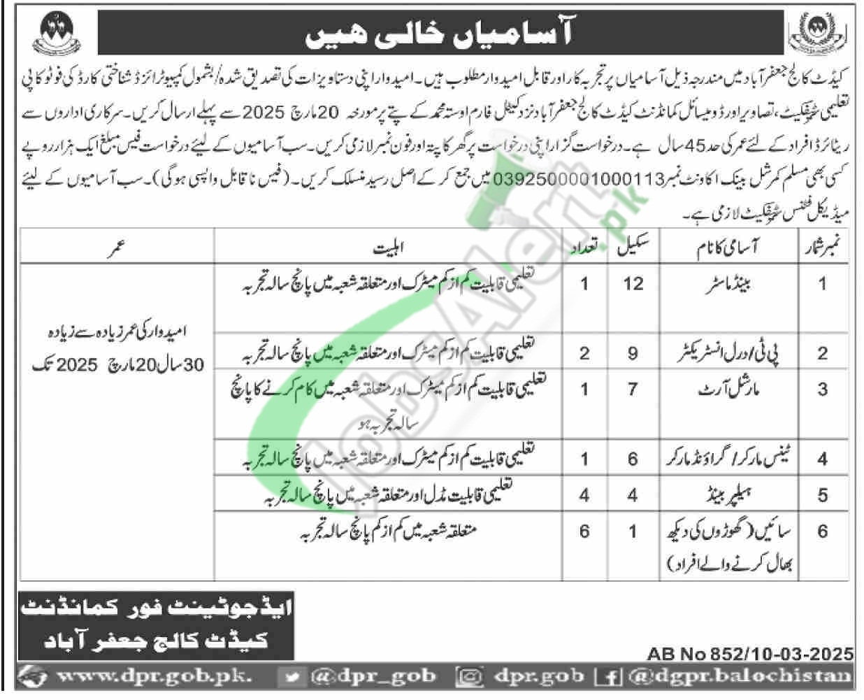 Cadet College Jaffarabad Jobs