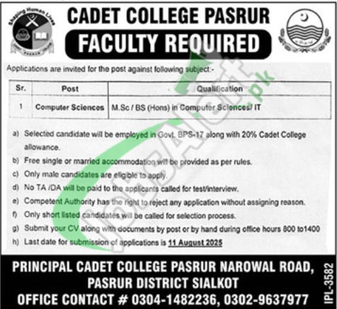 Cadet College Pasrur Jobs
