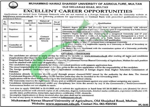 Muhammad Nawaz Sharif University of Agriculture Multan Jobs
