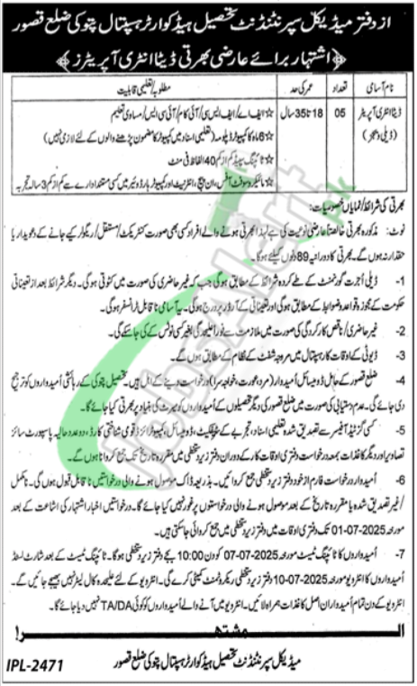 Tehsil Headquarter Hospital Pattoki Jobs