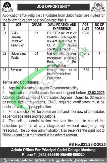 Cadet College Mastung Jobs