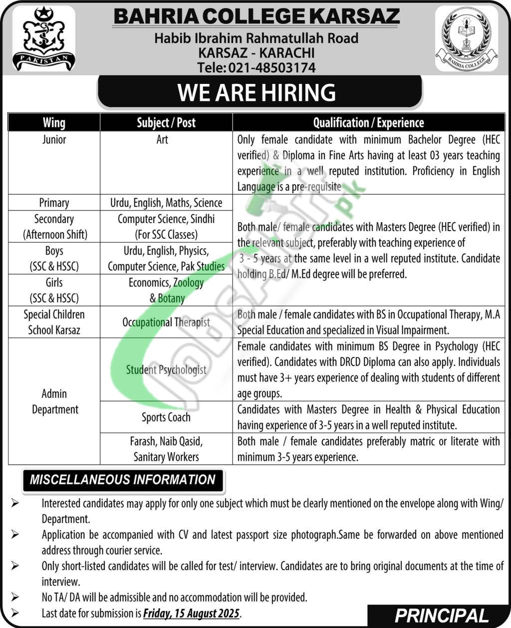 Bahria College Karsaz Jobs