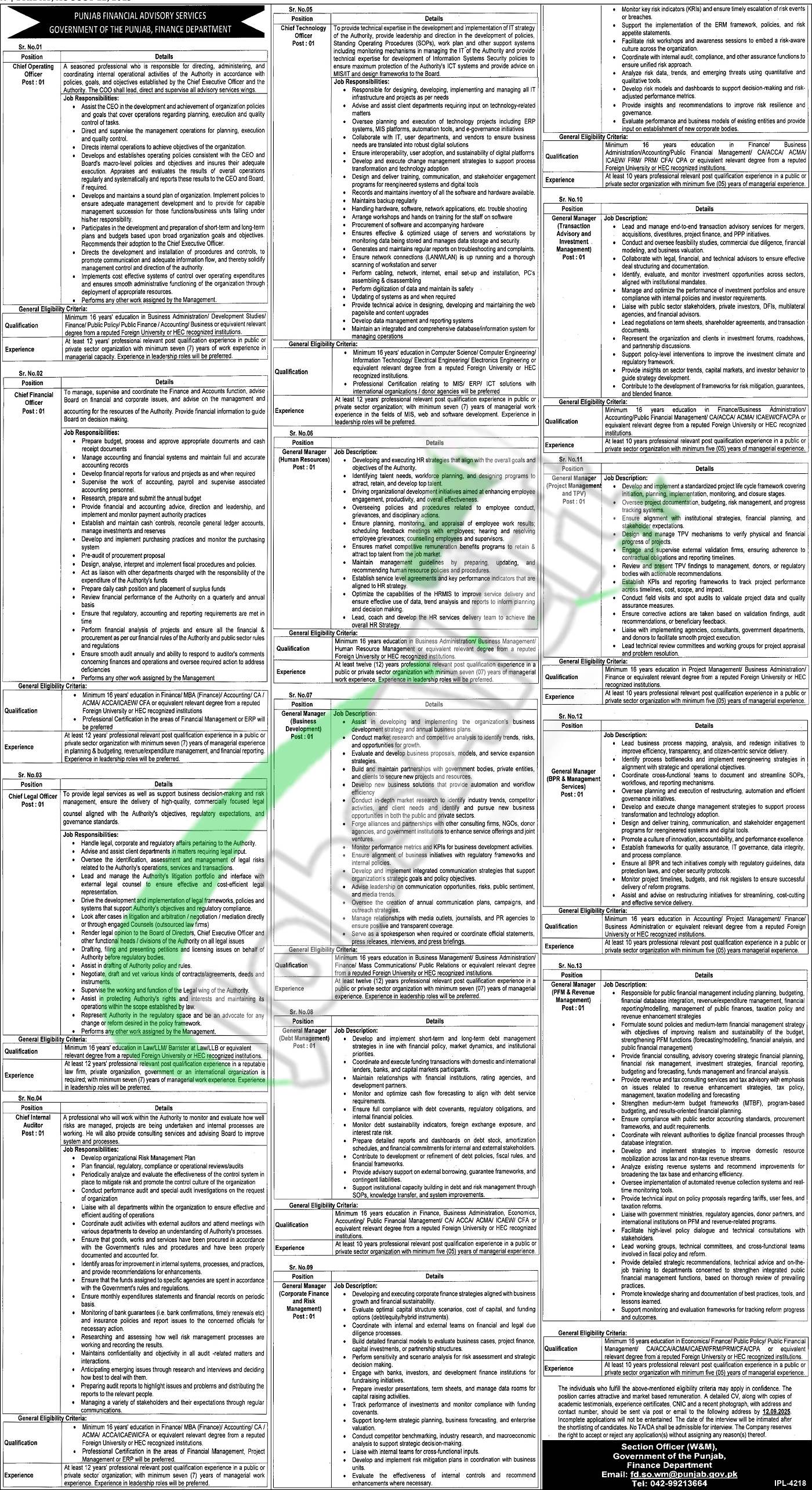 Finance Department Punjab Jobs