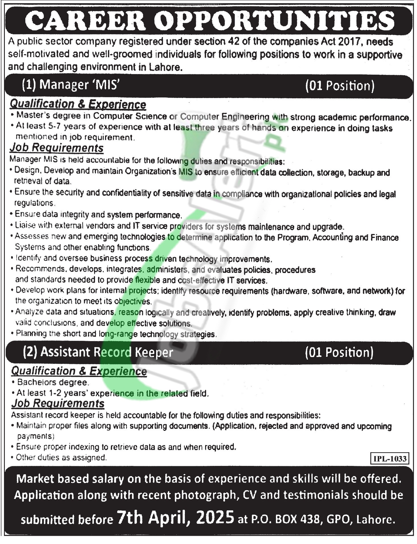 PO Box 438 GPO Lahore Jobs