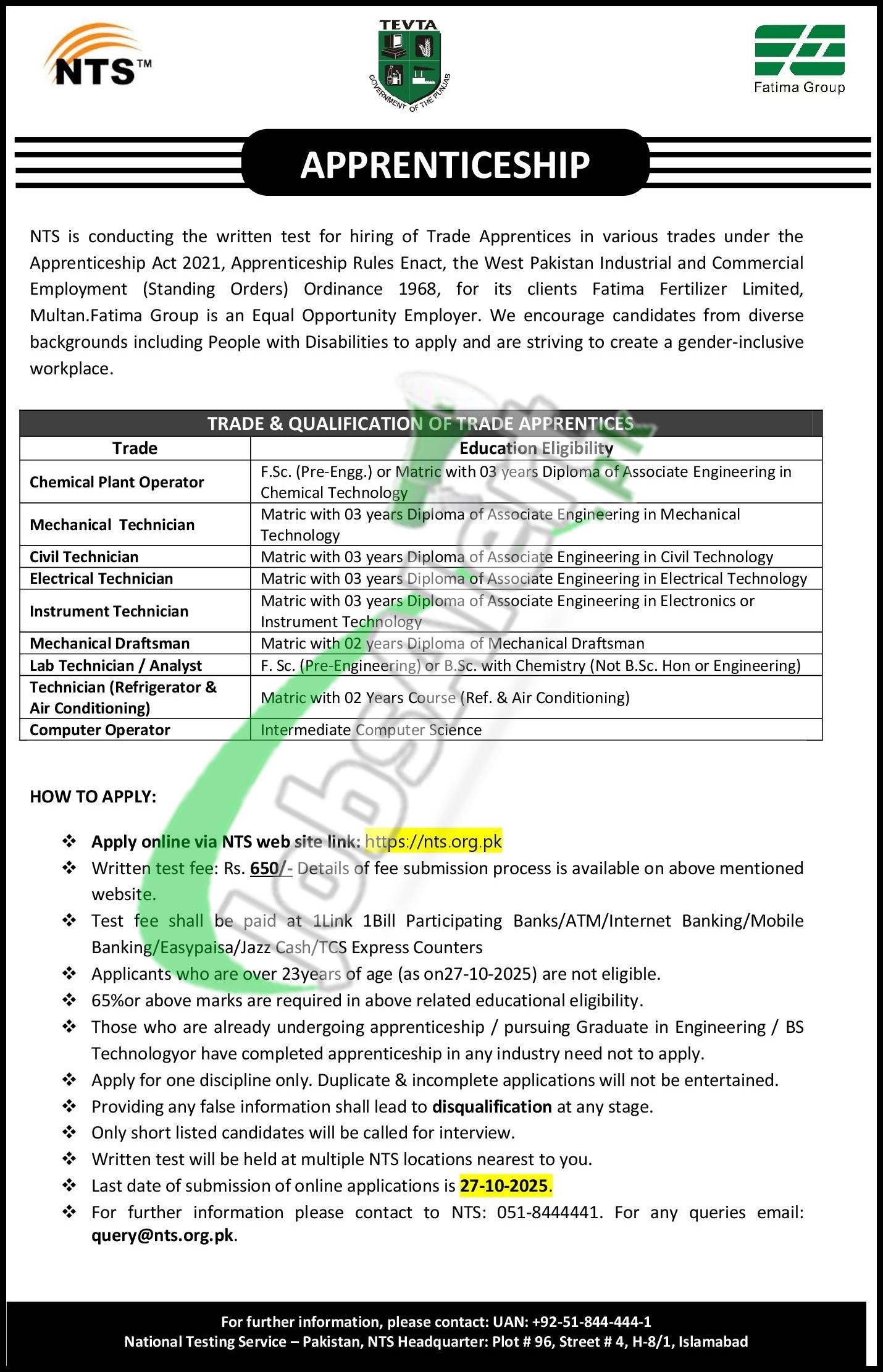 Fatima Fertilizer Apprenticeship 2025 NTS Apply Online Download Sample Paper Fatima Fertilizer Apprenticeship