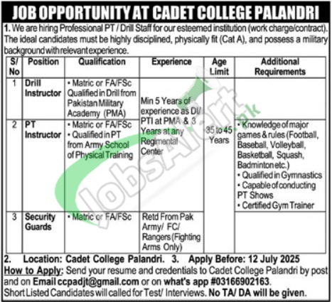 Cadet College Palandri Jobs