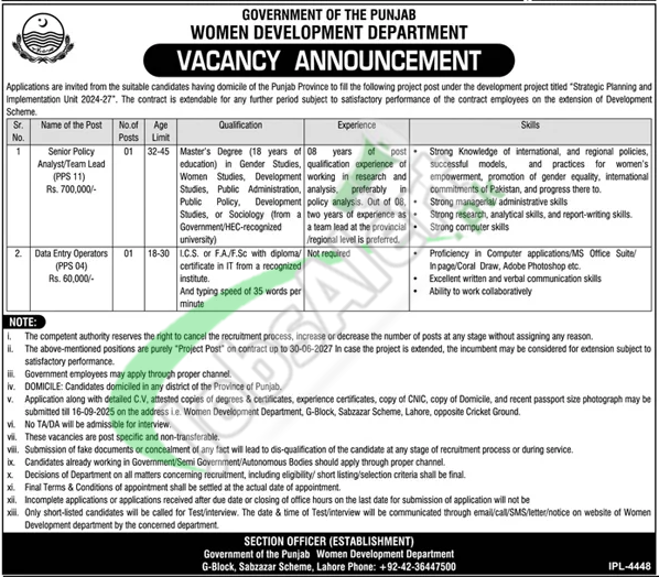 Women Development Department Punjab Jobs