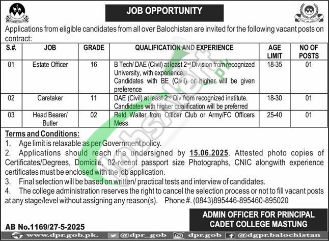 Cadet College Mastung Jobs