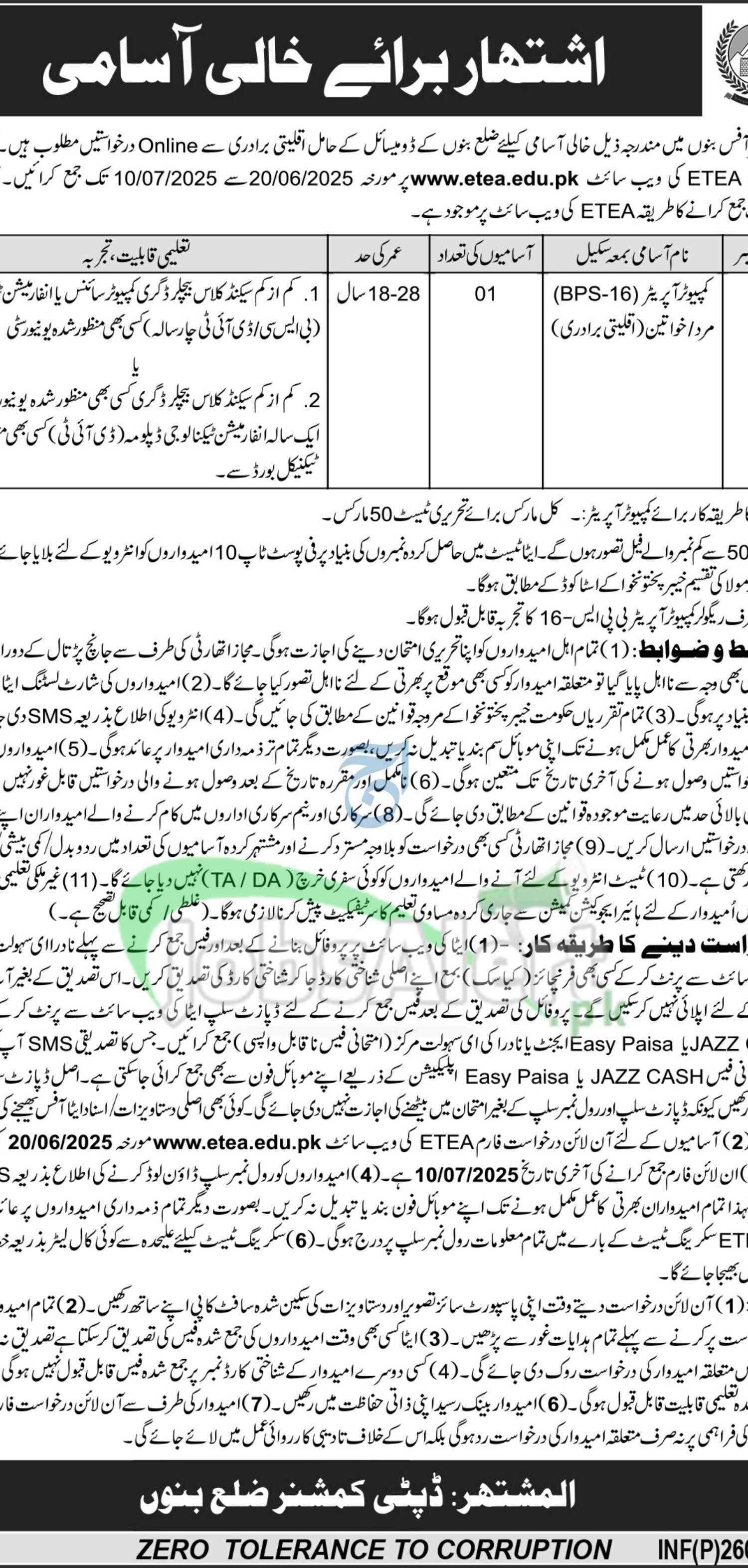 Deputy Commissioner Office Bannu Jobs