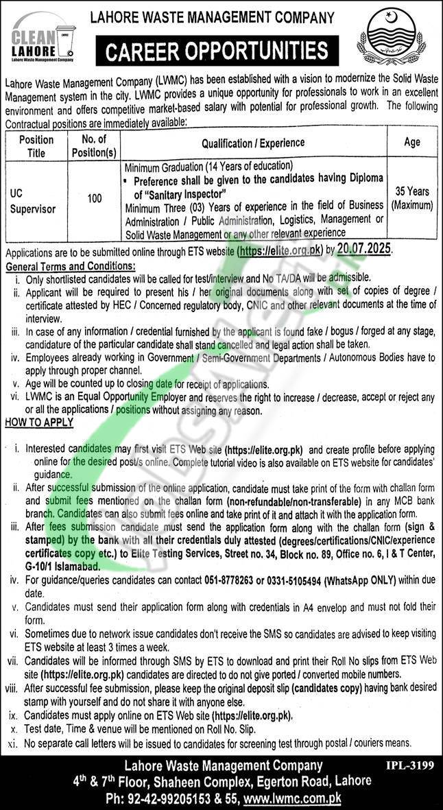 UC Supervisor Jobs 2025 Apply Online www.lwmc.com.pk Latest UC Supervisor Jobs
