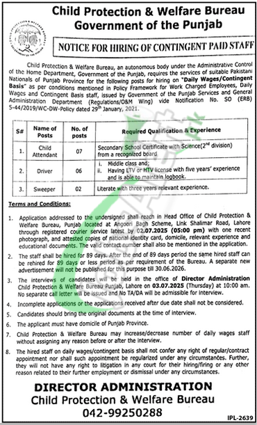 Child Protection and Welfare Bureau Punjab Jobs