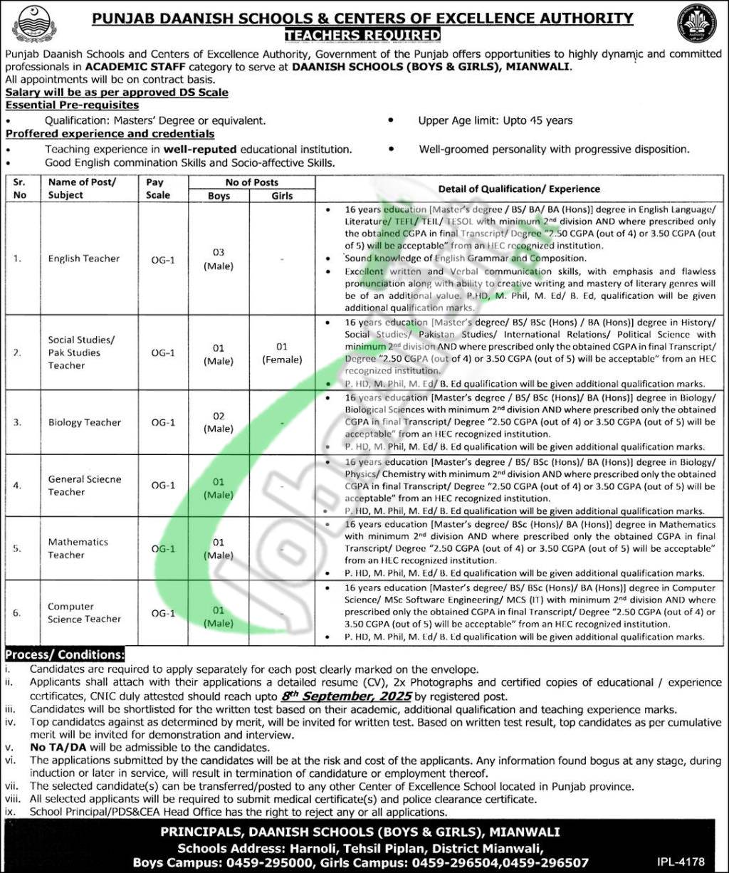 Punjab Daanish School Mianwali Jobs