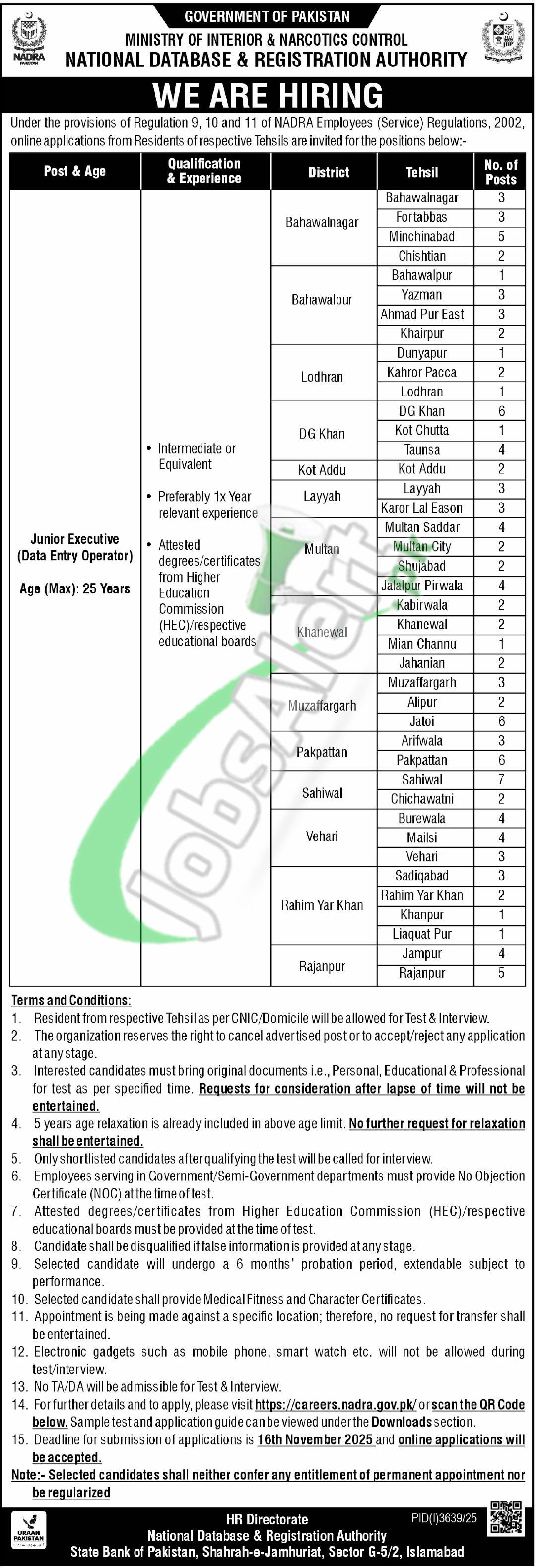 NADRA Multan Jobs 2025 - National Database & Registration Authority NADRA Multan Jobs