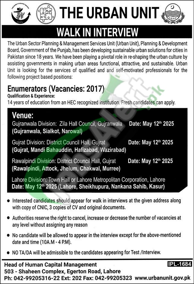 Enumerator Jobs in Urban Unit