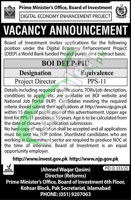 Prime Minister Office Board of Investment Jobs