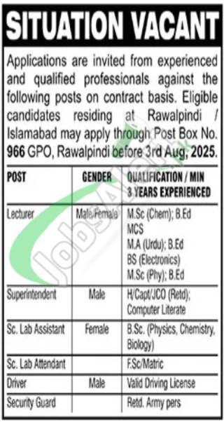 PO Box 966 Rawalpindi Jobs