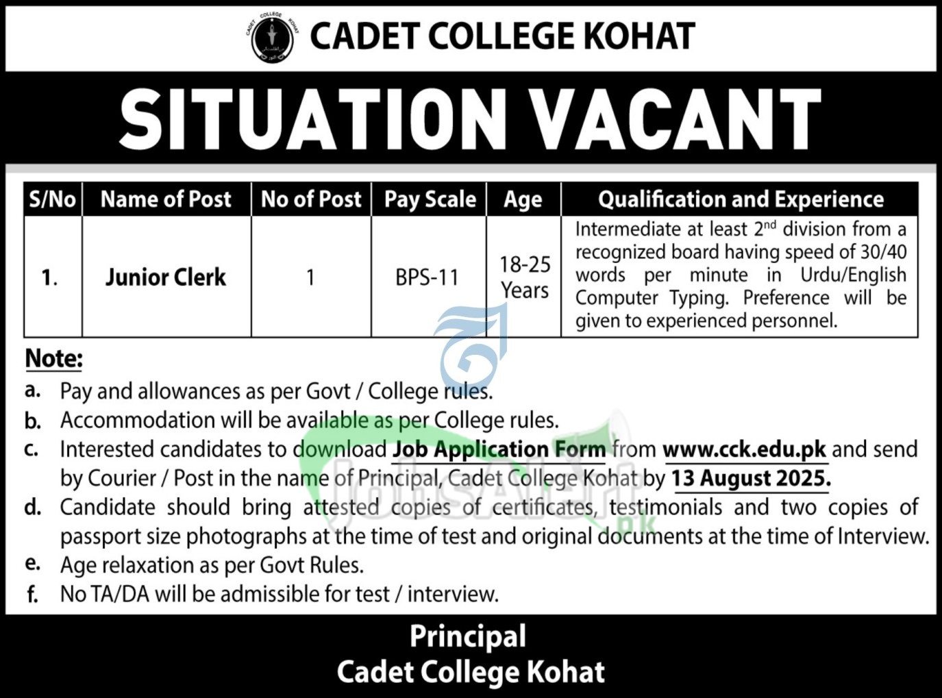 Cadet College Kohat Jobs
