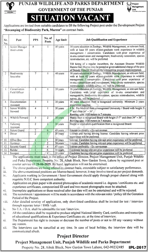 Punjab Wildlife & Parks Department Jobs